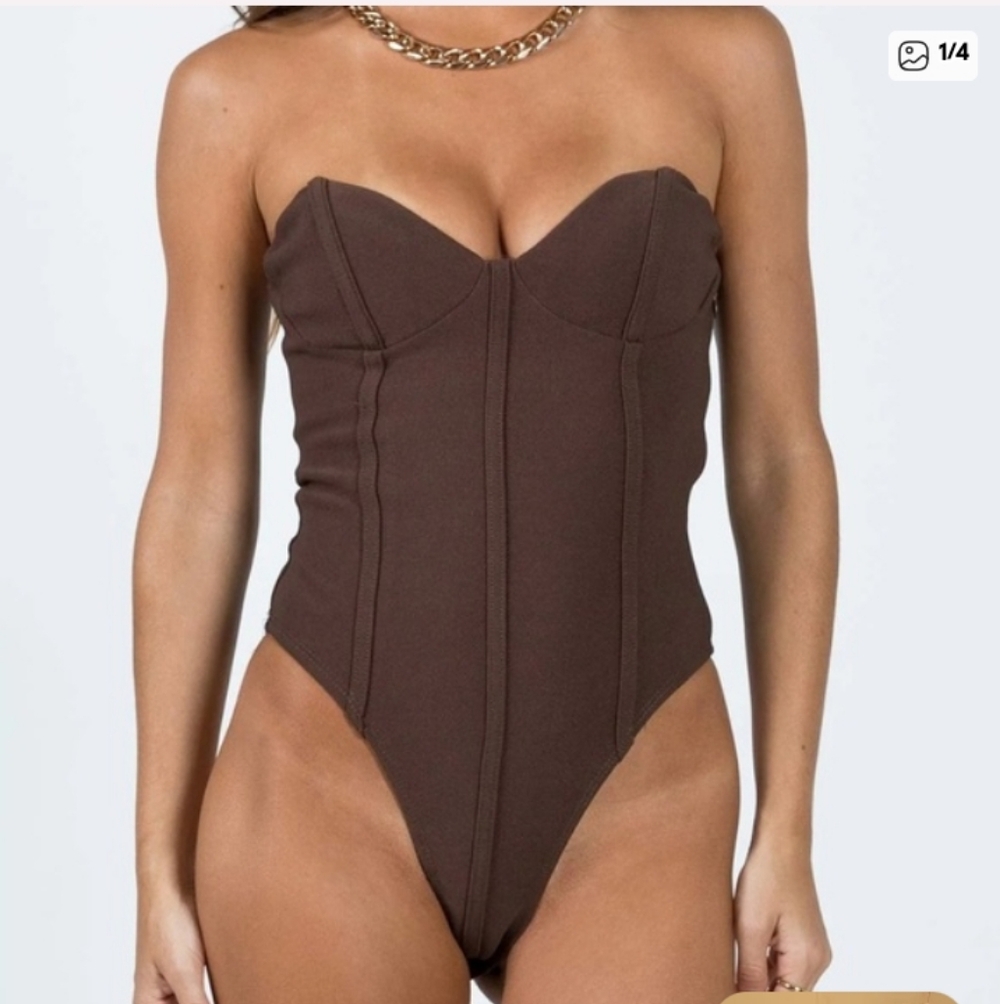 Princess Polly Chocolate Brown Strapless Corset Bodysuit Sweetheart Neck Size 4